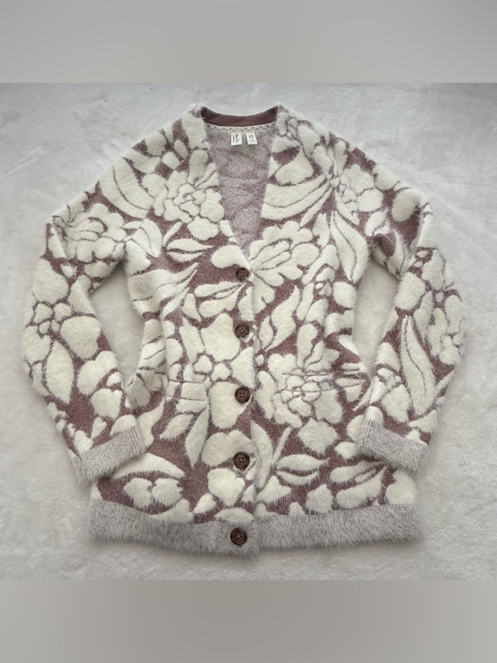 Anthropologie Meadow Rue Cream and Mauve Floral Eyelash Cardigan XXSP Boho Chic